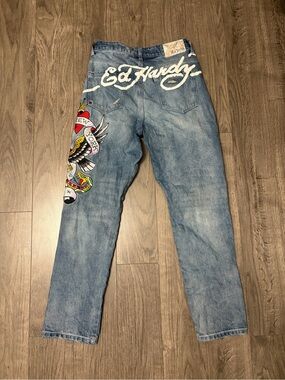 Vintage Ed Hardy Men's Light Blue Embroidered Straight Jeans
